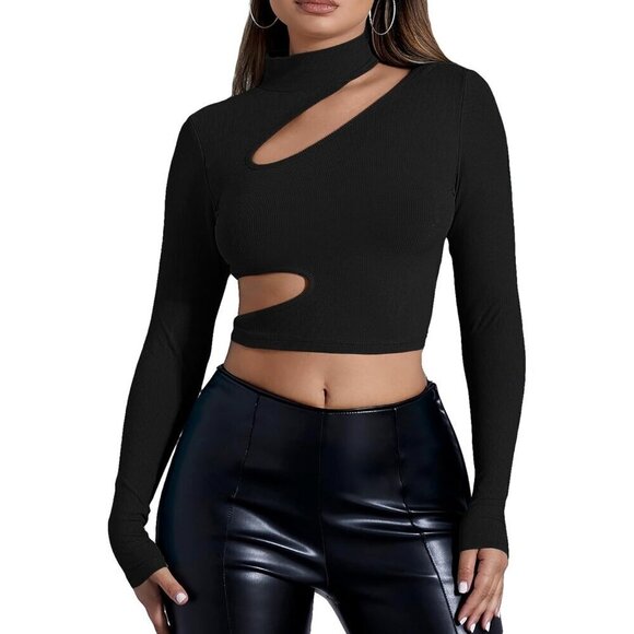 Shirts Women Black Cutout Mock Neck Long Sleeve Crop Tee Shirts Tops - Picture 1 of 7